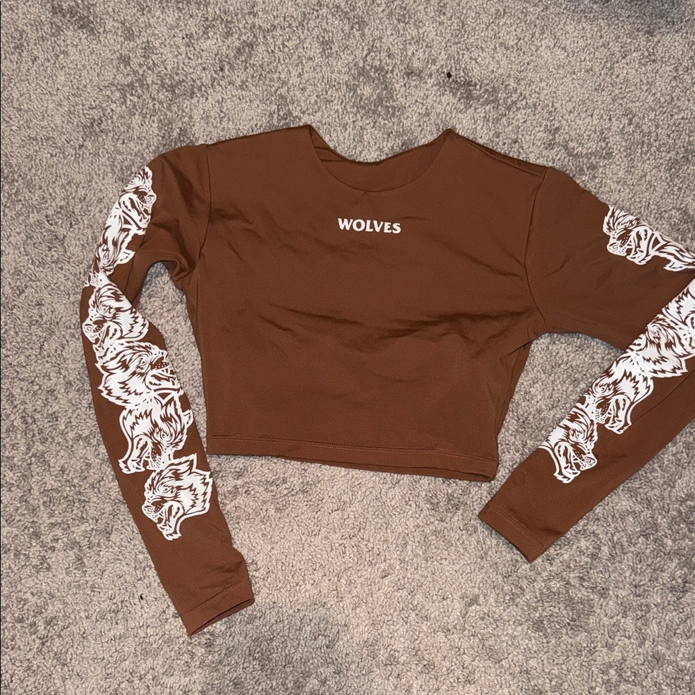 Darc Sport Brown Cropped Long Sleeve Top with White Wolf Sleeve Graphics